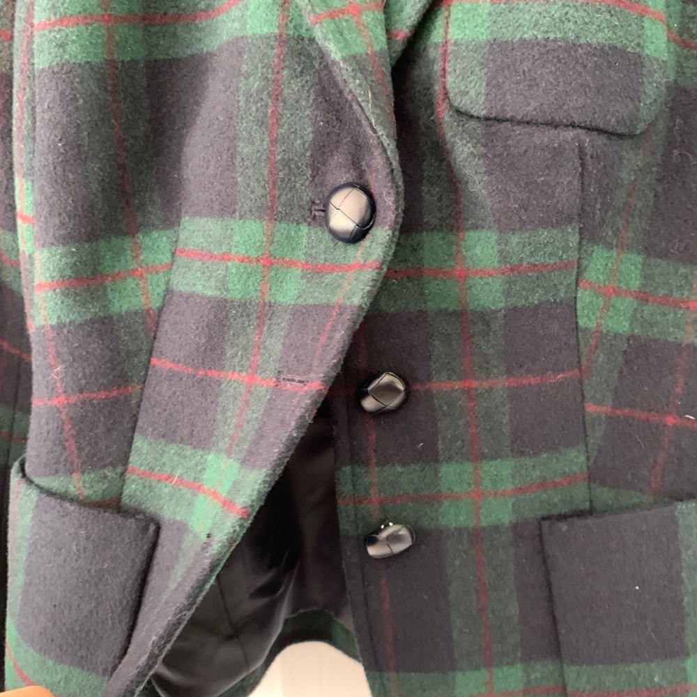 Talbots Navy Green‎ Plaid Wool Blend Blazer Jacket Size 2 Three Button Classic - Picture 5 of 11